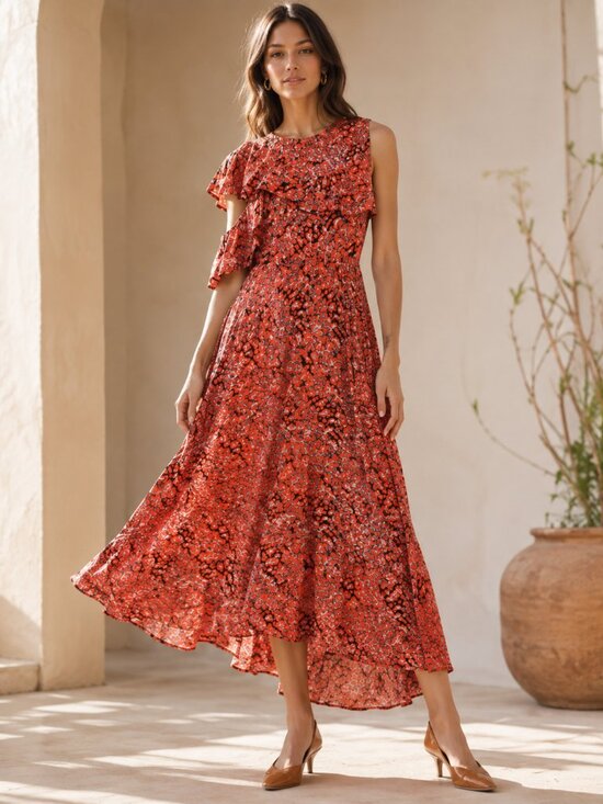 Maje Dresses & Skirts - NWT Maje Red Print Ruffle Cold Shoulder High Low Midi Dress Sz. L